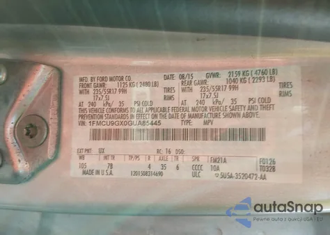 2016 Ford Escape Se z USA, uszkodzony, nr VIN 1FMCU9GX0GUA85445